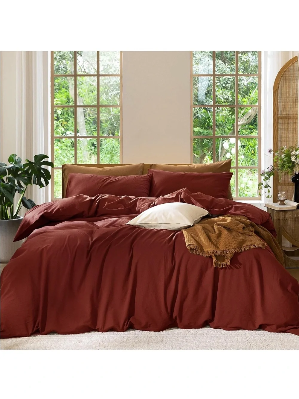 NEW MooMee 100% Washed Cotton Duvet Cover Set. Linen Like Texture, Rusty red